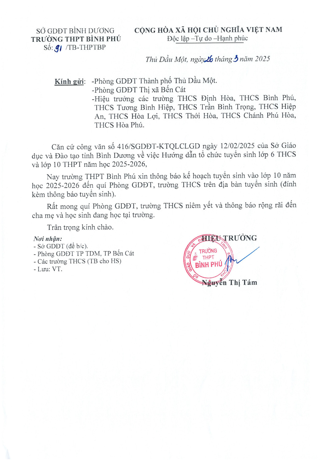 91 TB TS 10 gởi các trường 25 26