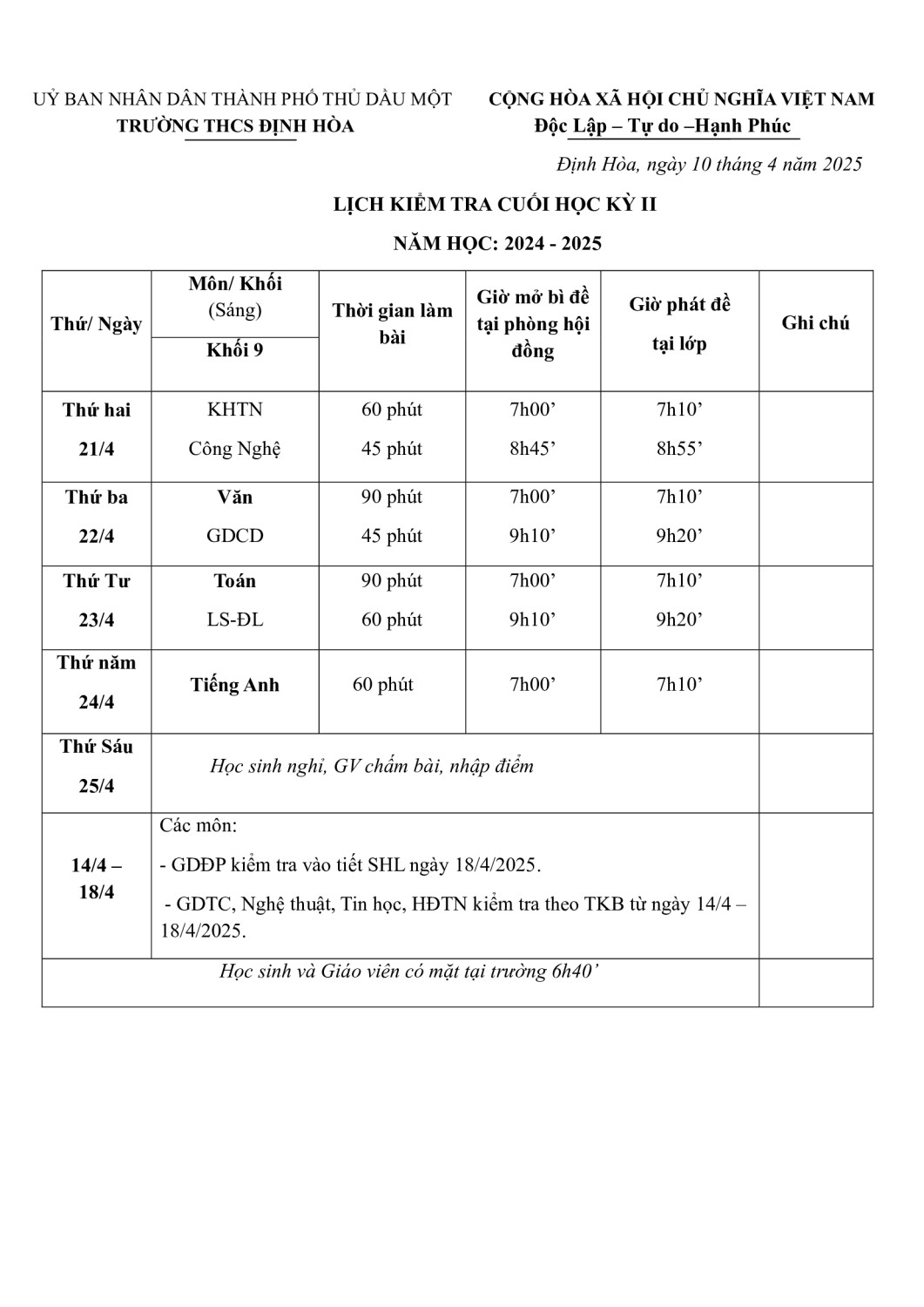 LỊCH THI CUỐI HỌC KÌ II KHỐI 9