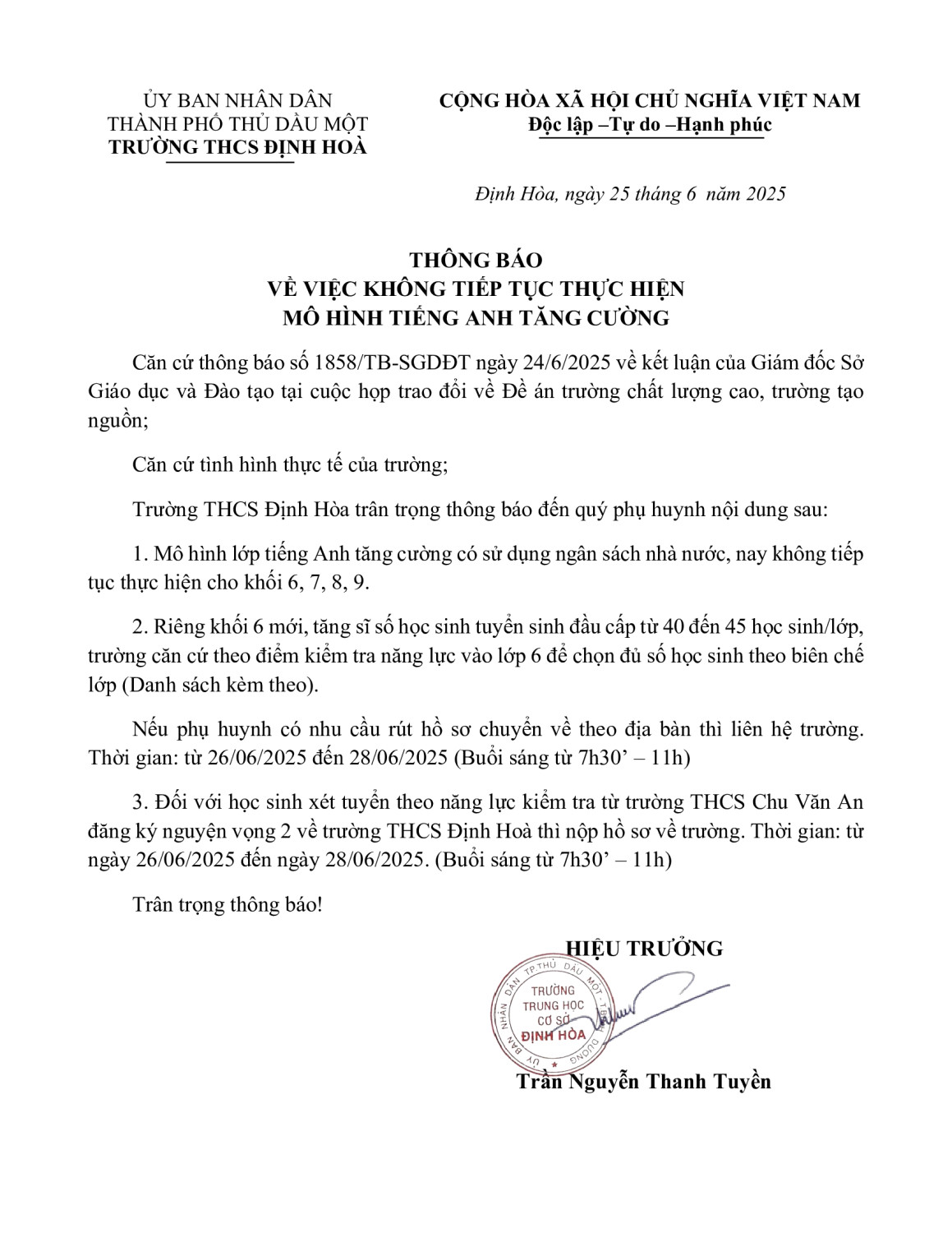 Thong bao khong thuc hien tang cuong TA Dinh Hoa